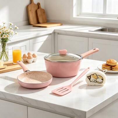 ABKOK Pink Non-Stick Cookware Set: Includes A 16cm (6.03-Inch) Mini Frying Pan And An 18cm (7.09-Inch) Saucepan With A Lid. Comes With A Complimentary Cleaning Sponge Featuring A Cute Cat Design. Suitable For All Stove Types. An Ideal Choice For Single-Person Dining. Also Includes A Silicone Spatula As An Extra Bonus Gift.Premium Non-Stick Coating, Healthy Low-Oil Cooking, Easy To Clean