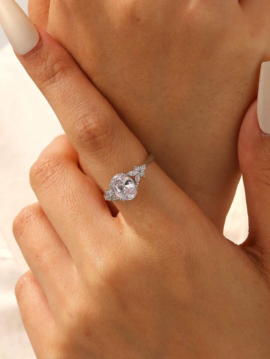 1 chiếc nhẫn cầu hôn sang trọng mạ vàng 18K, đính đá Zirconia hình hoa, quà tặng đám cưới/lễ đính hôn/ngày lễ cho phụ nữ - Bạc - Xem 1