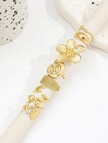 8 piezas Anillos de moda con elementos geométricos suaves de conchas marinas y elementos oceánicos, anillos clásicos de moneda vintage de cinco pétalos de flor dorada para mujeres - Dorado - Ver 3