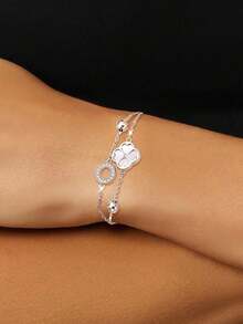 1pc S925 Sterling Silver Geometric Circle & Four-Leaf Clover Pendant Bracelet For Women, Fashionable, Elegant, Sophisticated Design, Versatile For Work And Occasions - Four Leaf Clover - View 2