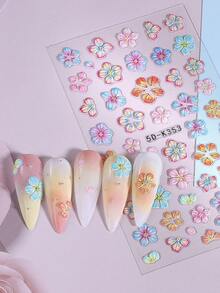 2片装5D渐变芙蓉花美甲贴纸，彩色花卉图案夏季假日自粘美甲贴，女士DIY美甲配件 - 彩色 - 查看 5