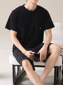 AICJ 2pcs Men's Solid Color Casual Loose Minimalist Pocket Round Neck Short Sleeve Plaid Shorts Pajama Set, Suitable For Spring & Summer - Black - View 6