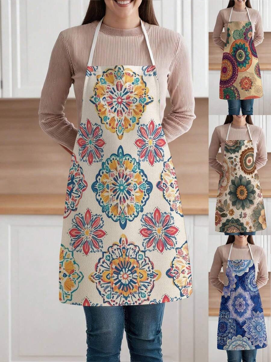 1 pieza, Delantal de poliéster con estampado bohemio, adecuado para cocinar, hornear y jardinería - se puede usar como vestimenta para la cocina y el comedor. - Multicolor - Ver 1