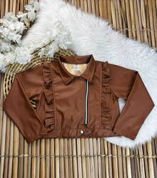 Girls' Faux Leather Jacket With Front Ruffle, Double-Sided Zipper, And Modern Collar – Black And Brown, Sizes 2 To 10 Years - 鏽棕色 - 查看 10