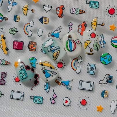 1 Sheet 6D Embossed Travel-Themed Nail Art Stickers, Including Airplane, Car, Hot Air Balloon, Camera, Suitcase, Sun, Rainbow, Travel Girl, Desserts & Drinks, Suitable For Travel Checkins, Student Daily, Vacation Outfits, Summer Fresh Looks, Ideal For Travel Lovers, Students, Sweet Girls, Moms, Nail Art DIY Beginners