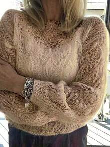 Pull tricoté décontracté ajouré, Top en tricot à manches longues pour femmes au printemps - Kaki - Voir 3