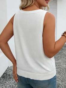 Plus Size Women's New Fashion Casual Elegant Daily Vacation Holiday Solid V-Neck Knit Vest, Women's Pullover Sweater, Summer Mother's Day White - White - View 3