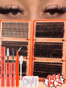 720/684pcs High Capacity DIY False Eyelashes Set, Pointed Tip And 10D-100D D-Curl Natural Lashes, Super Thick And Fluffy, Eyelash Book, Suitable For Daily Use And Beginners, Multi-Style Mixed Lash Cluster Set - Multicolor - View 4