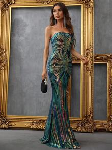 Faeriesty Đầm dạ hội dáng đuôi cá thanh lịch không dây vai dành cho nữ, được trang trí bằng họa tiết sequin lấp lánh, phần thân áo ôm sát kết hợp với chân váy dài thướt tha - Lý tưởng cho đám cưới, dạ hội, lễ trao giải, tiệc chiêu đãi trang trọng và kỳ nghỉ hè. - Màu xanh lá cây đậm - Xem 5
