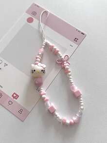 SANRIO 1pc INS Style 3D Pink Hello Kitty Beaded Phone Charm, Handmade Bow Keychain, Creative DIY CCD Camera Crystal Style Lanyard, Anti-Lost Accessory - Bow Kitten - View 7