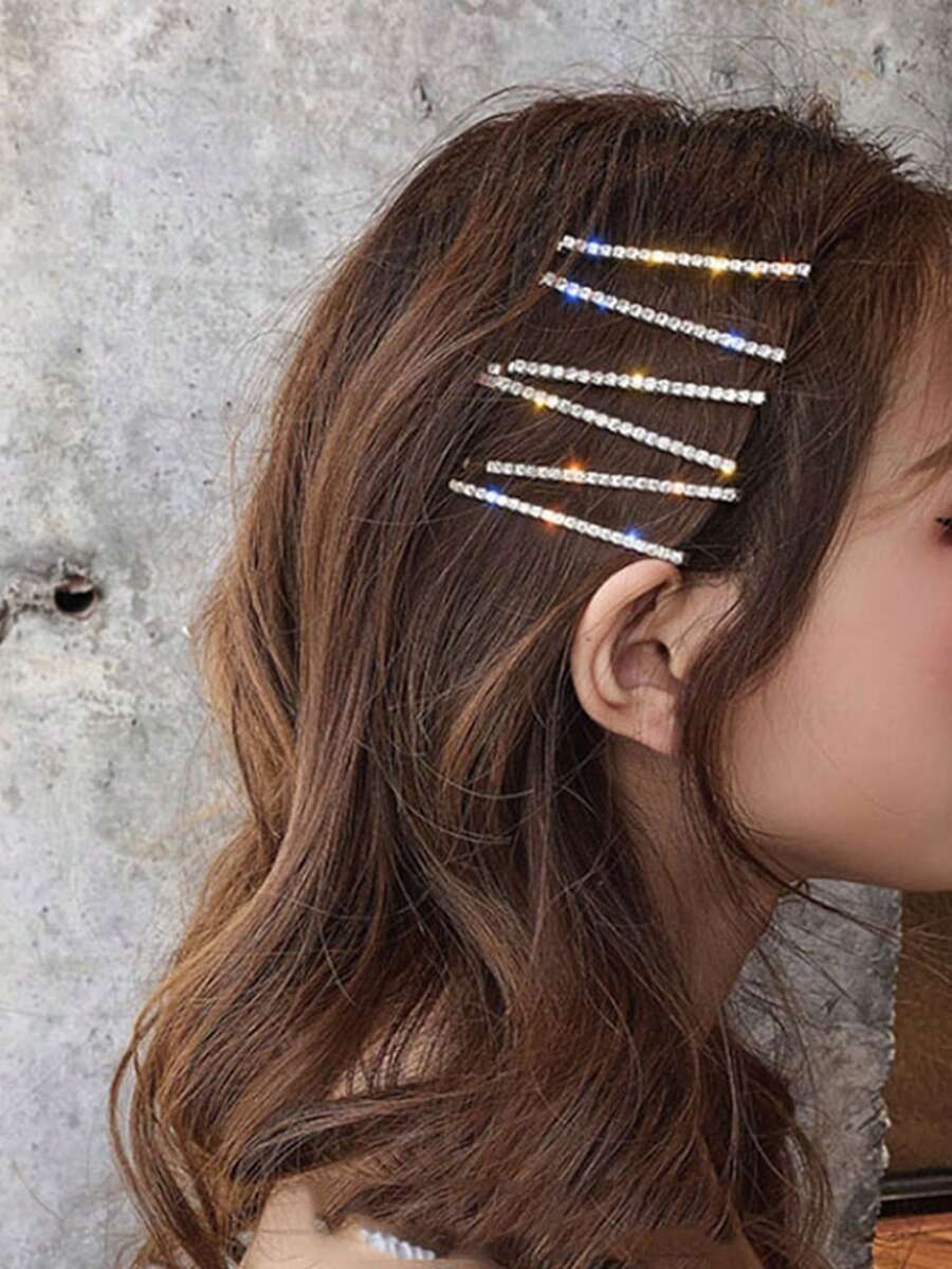 4-8pcs 6cm Fashionable Minimalist Rhinestone Hair Clips, Versatile Daily Use - Silver - View 1