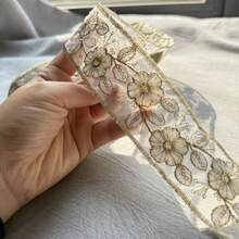 Ren lưới thêu chỉ vàng, ruy băng jacquard hoa 3D, phụ kiện trang trí quần áo. - Trắng - Xem 1