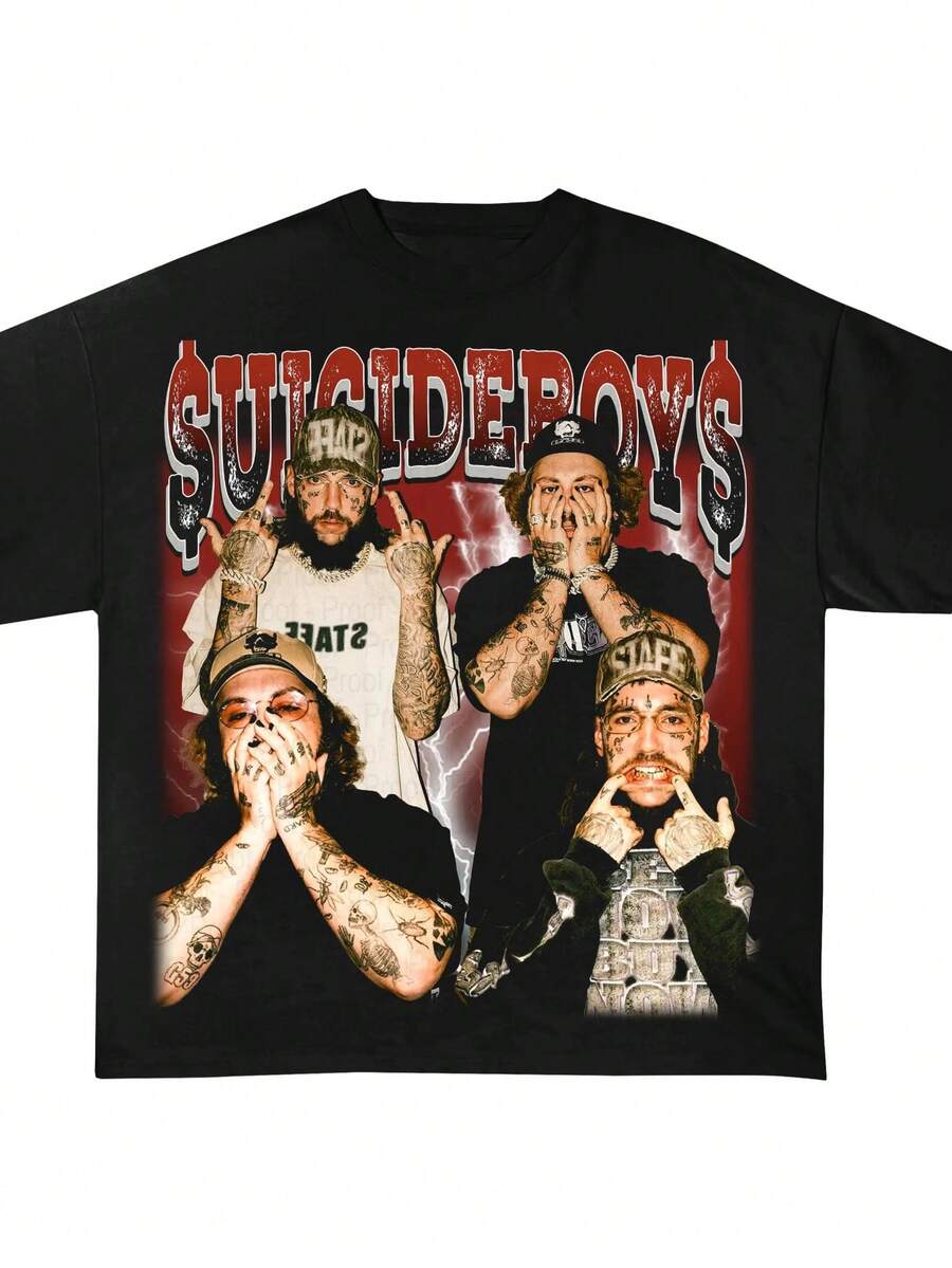 Suicideboy S Collage Crew Neck T-Shirts Grunge Red Print Short Sleeve - màu đen - Xem 1