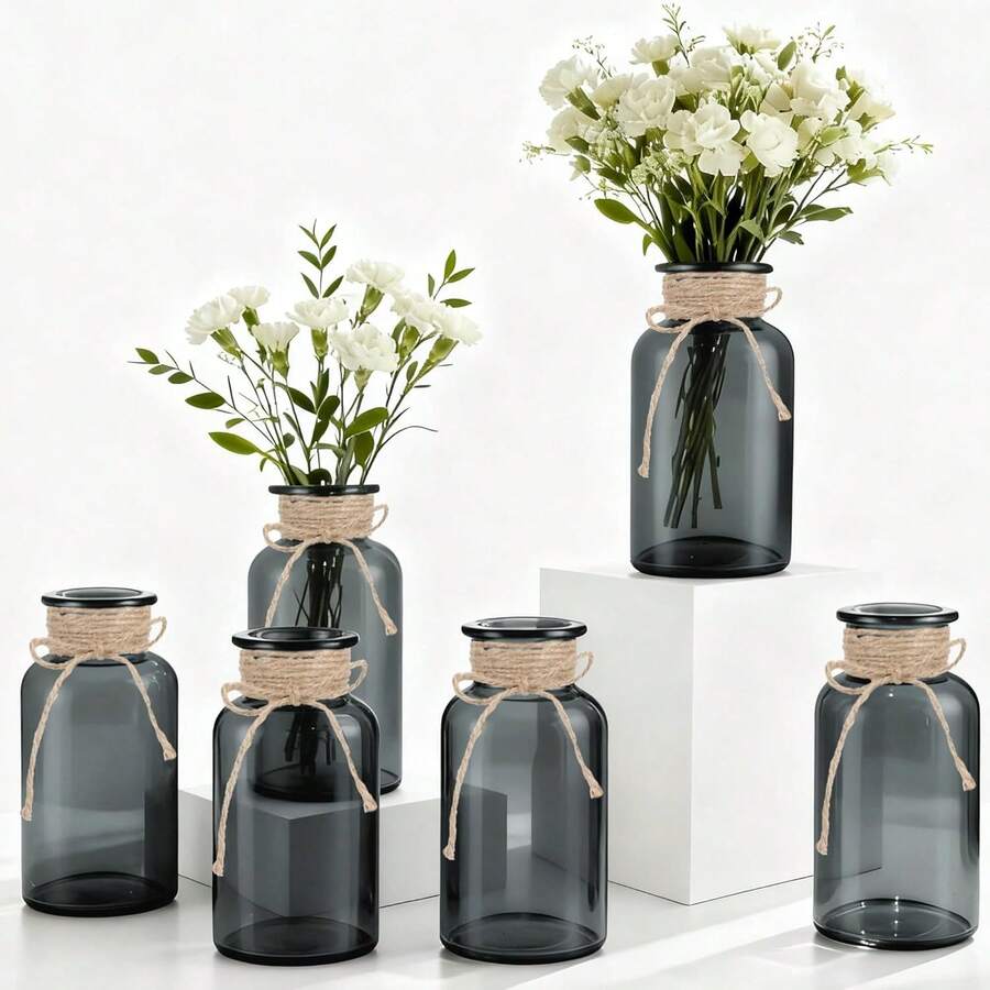 Vintage Glass Flower Vase, Farmhouse Glass Centerpiece Vases Mason Jars For Weddings, Parties & Home Decor Bulk (12, Transparent)  Bud Vases For Flowers For Rustic Wedding KDW8 - 黑色的 - 查看 1