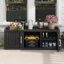 2-Tier Storage Bench, Waterproof UV-Resistant Outdoor Shoe Storage Cabinet With 2 Doors & Adjustable Shelves For Indoor Outdoor Entryway, Hallway, Living Room (Black) - 黑色 - 查看 2