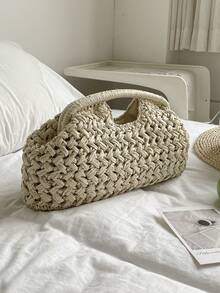 Handwoven Large Capacity Tote Bag, Casual Style Straw Handbag, Suitable For Commuting, Vacation, Daily Outing, Beach - Beige - View 5