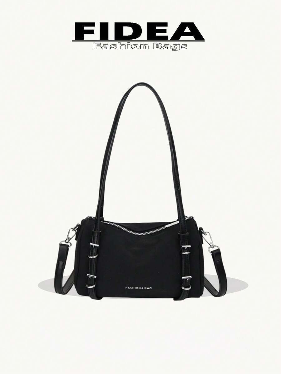 Bolso de hombro de mujer de moda, bolso de mano y bandolera minimalista de unicolor con decoración de hebilla, bolso de alta calidad con diseño único tipo Boston, adecuado para ir al trabajo, compras y uso diario