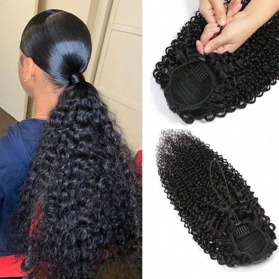 BINF 9A Brazilian Curly Human Hair Ponytail Extensions, Natural Black Color, 14 Inches, Drawstring Ponytail Extension