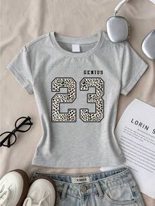 Áo thun nữ tuổi teen họa tiết da báo dễ thương 23 GENIUS, áo crop top phong cách Y2K, chất liệu mềm mại và thoải mái, thích hợp cho mùa hè đi học và phong cách đường phố. - Xám - Xem 1
