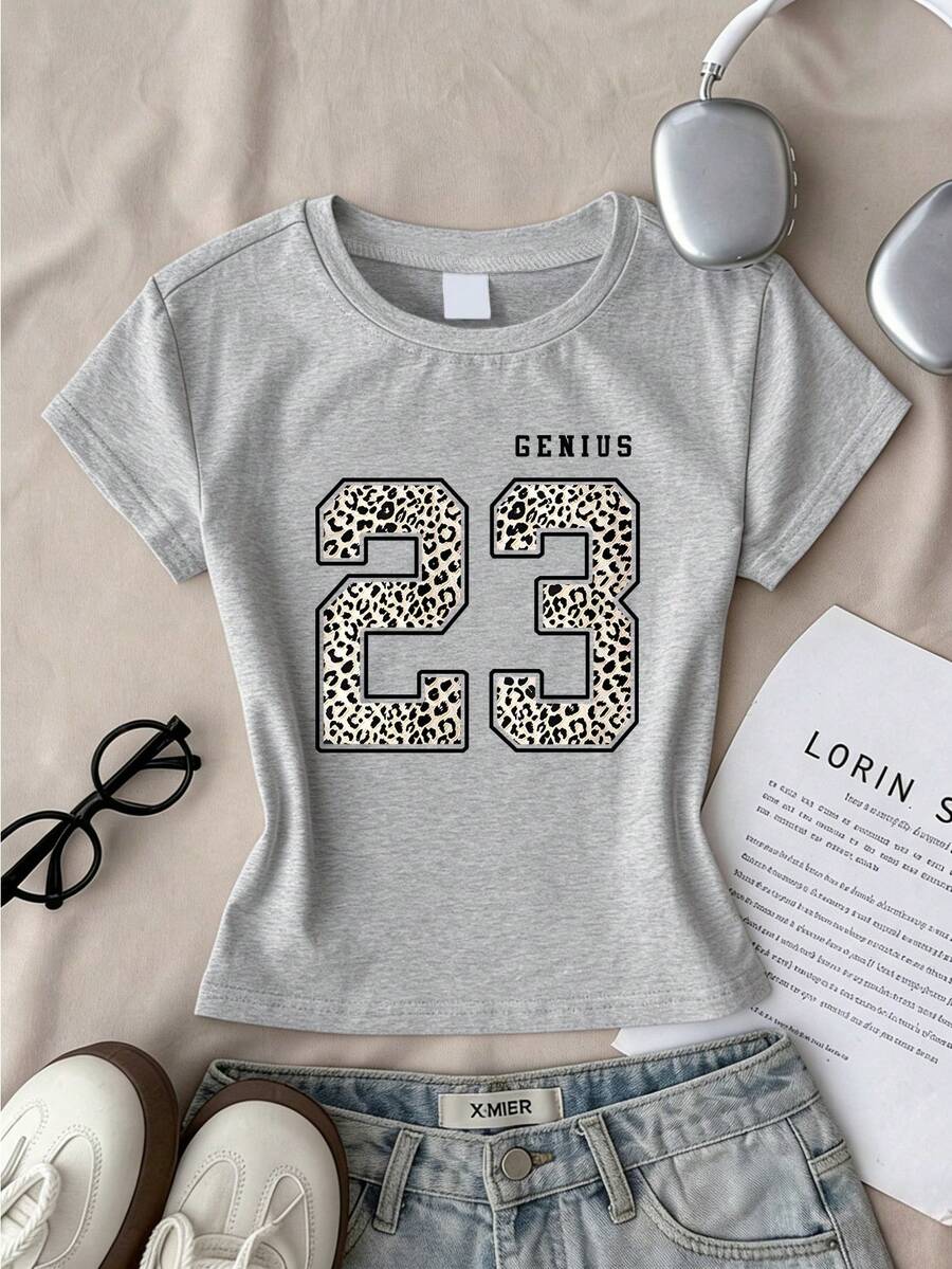Áo thun nữ tuổi teen họa tiết da báo dễ thương 23 GENIUS, áo crop top phong cách Y2K, chất liệu mềm mại và thoải mái, thích hợp cho mùa hè đi học và phong cách đường phố. - Xám - Xem 1