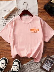 1pc Women Summer Loose Short Sleeve T-Shirt Top, Bride Club, Bachelorette Party Graphic Print Tee, Lovely Apparel Top, Women Holiday. Festival , Elegant Women Top, Casual Summer Women Wear, Women Holiday Attire. Pink - Pink - View 4