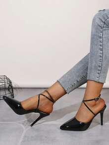 Women's Pointed Toe High Heel Strappy Sexy Sandals, Hollow Out Criss-Cross Strap Stilettos - Black - View 5