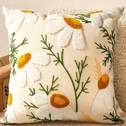 刺绣枕套，带拉链装饰枕套，美观可爱设计，波西米亚风春夏舒适枕套，白色雏菊图案，适用于客厅、卧室、沙发床装饰，适合日常使用、派对、母亲节等场合。