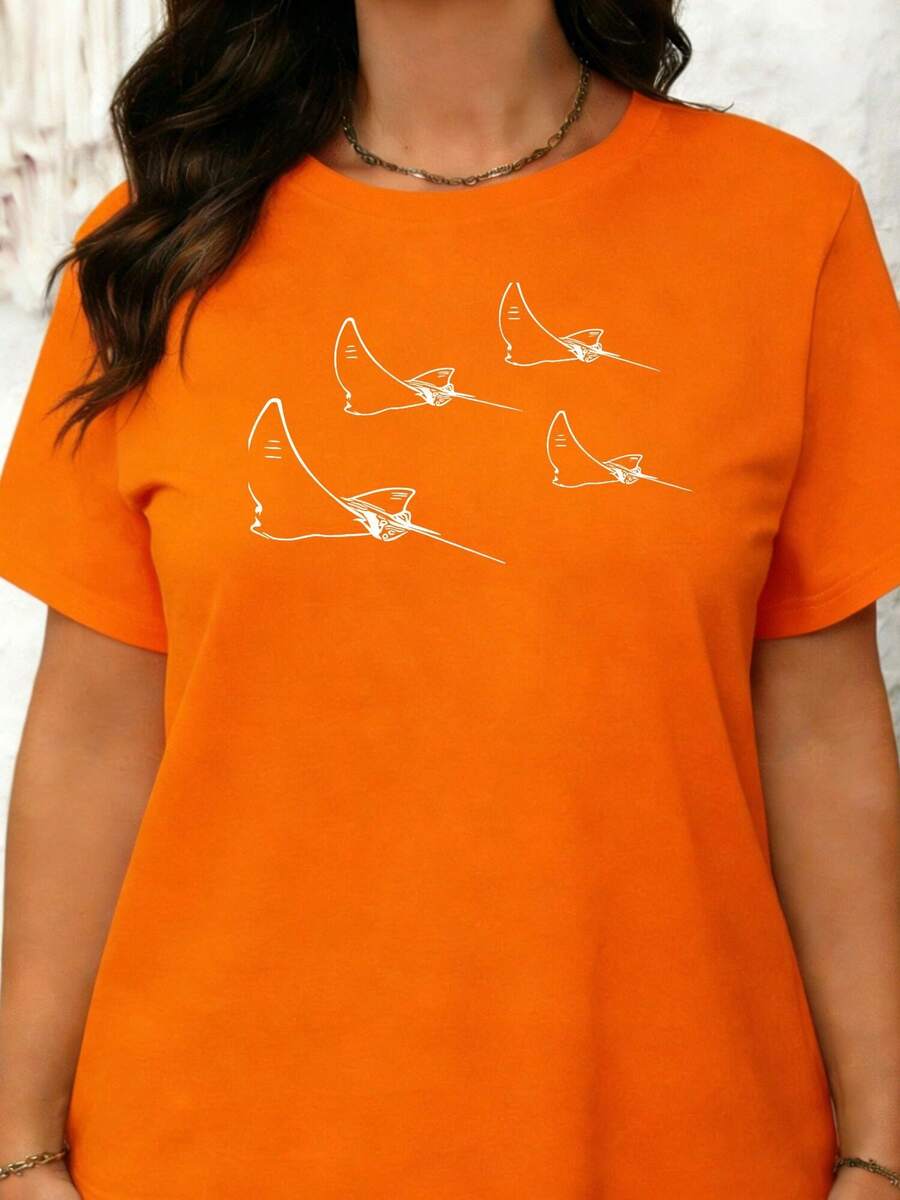 Plus-Size Women's T-Shirt, Eagle Rays Diving In Groups Formation   Sea Ta Rays T Shirt  Print Design, Round Neck, Short Sleeves, Soft And Comfortable Fabric, Machine Washable. Suitable For Casual Spring And Summer Wear Or As A Gift. - trái cam - Xem 1