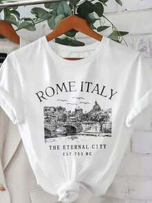 Women's T-Shirt With A Rome, Italy Silhouette Print, Crew Neck, Short Sleeves - ROME ITALY, THE ETERNAL CITY, FOUNDED IN 753 BC - Casual Graphic Tee For Women - 白色 - 查看 1