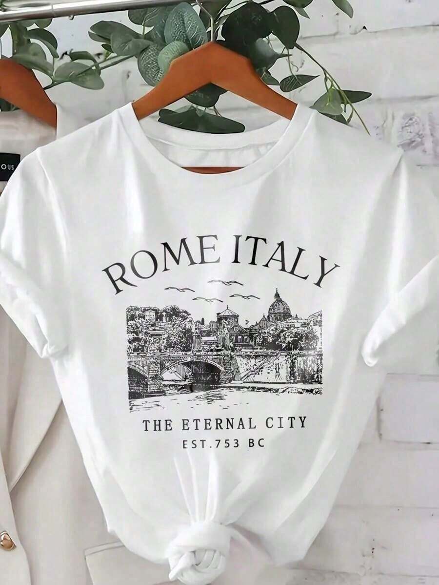 Women's T-Shirt With A Rome, Italy Silhouette Print, Crew Neck, Short Sleeves - ROME ITALY, THE ETERNAL CITY, FOUNDED IN 753 BC - Casual Graphic Tee For Women - 白色 - 查看 1