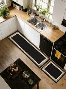 1pc Diatomaceous Earth Kitchen Mat With Patterned Border, Pure Black And Beige Geometric Design, 3.5mm Water-Absorbent Anti-Slip Stain-Resistant, Decorative Foot Mat For Kitchen, Bathroom, Entryway, Living Room, Hallway, Anti-Slip Door Mat - Multicolor - View 2