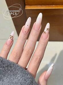 30pcs Long Pointed/Cute Cat Claw Shaped Fake Nail Stickers, Adorable & Soft Style - Multicolor - View 2