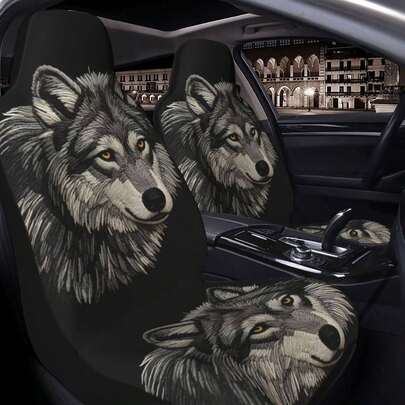 1 cái bọc ghế ô tô đa năng in hình sói xám thêu giả trên nền đen.