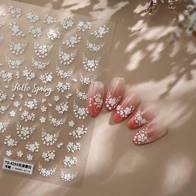 1 pezzo Adesivi per unghie 5D in rilievo con fiori bianchi primaverili, decorazioni per unghie kawaii con fiori eleganti, decalcomanie per manicure fai-da-te