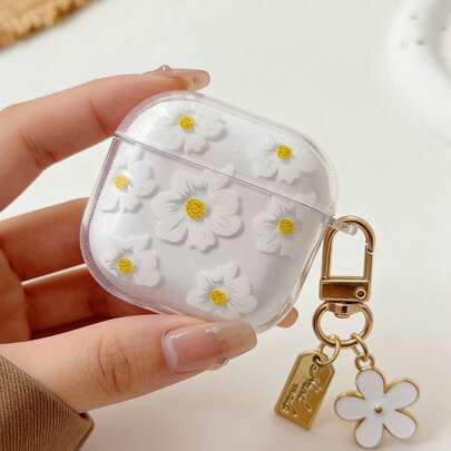 Floral Pendant Minimalist & Fashionable TPU Earphone Case, Anti-Slip, Shock-Proof, Lightweight & Durable, Transparent Glitter White Flower Design Compatible With Apple 1/2, 3, 4, Pro 2, Pro 3, Pro TPU Soft Case