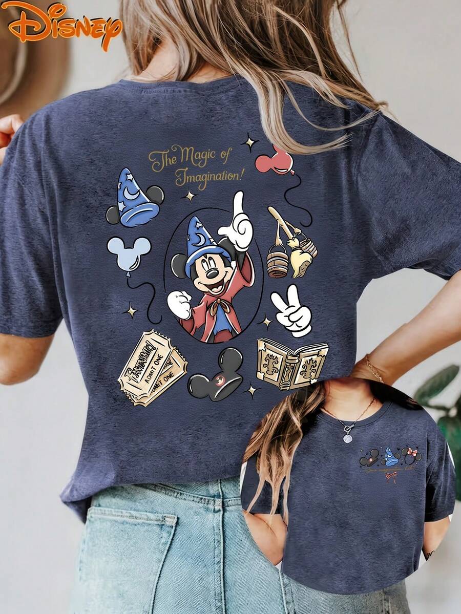Disney License T Shirts,Disney Fantasia Sorcerer Mickey Mouse The Magic Of Imagination Graphic Oversized T Shirt Women Vintage Magic Elements Print Drop Shoulder Short Sleeve Tee Disney Park Vacation Casual Streetwear Top For Mickey Mouse Fans ,Camiseta, Summer Outfits For Women, Summer Clothes, Summer Tops, Tops For Women, Festival Outfits, Summer Tops For Women, Mother's Day, Mother's Day Clothing, Gifts For Family And Friends, Spring Outfits For Women, Officially Licensed Disney T-Shirts, Disney Men's And Women's Spring/Summer Fashion Casual Short-Sleeve T-Shirts - Màu xanh lam - Xem 1
