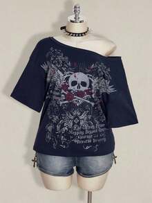 Colección verano 2026. Camiseta holgada mujer talla grande, estampado calavera y rosa gótico punk, estilo retro vanguardista. Tallas 3–7XL, apta otoño-invierno. Envío gratis 24h. - Azul marino - Ver 3