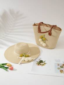 1 Hat And 1 Bag, Suitable For Vacation Wear - Pom-pom Flower Beige - View 3