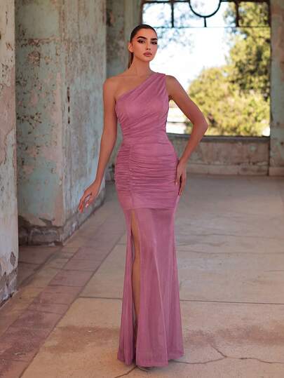 Faeriesty Elegante vestido de noche de verano para mujer con un hombro, cuello asimétrico fruncido, abertura alta cautivadora, perfecto para citas, cenas formales y bodas en color rosa