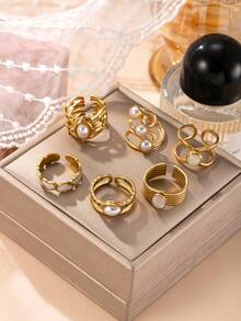 6件套时尚优雅不锈钢金色几何花朵心形仿珍珠戒指套装，适合女性日常、节日、度假、约会、订婚、婚礼等场合佩戴。 - 金色 - 查看 3