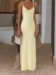 Women Sleeveless Dress Summer Solid Color Twisted Straps V-Neck Backless Party Dress For Vacation Beach Streetwear - 黃色 - 查看 1