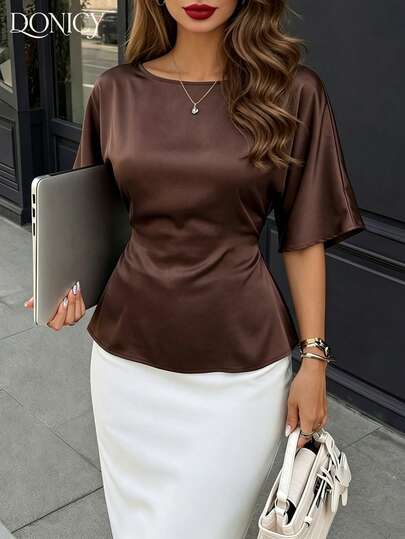 DONICY Women's Brown Flowy Blouse With Tie Waist And Round Neck Chic Casual Top