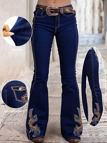 Dark Blue Washed High-Waisted Flared Jeans With Retro Embroidered Floral Details At The Hem. Slimming And Hip-Lifting Western-Style Casual Trousers. - 藍色 - 查看 6