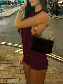 Women's Casual Sexy Backless Sequin Jumpsuit, Street Party Holiday Style, Spring/Summer - Burgundy - View 3