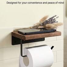 Multi-Function Toilet Paper Holder, Wooden Wall-Mounted Toilet Paper Rack, No Drill Installation Bathroom Tissue Holder, Phone Shelf & Fragrance Display - Black - View 2