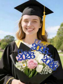 12pcs 2026 Blue Glitter Graduation Ceremony Desktop Decorations, 2026 Blue Double-Sided Glitter Graduation Ceremony Desktop Decorations With Stands, Suitable For High School And University Graduation Party Decor - Blue 2026 Vase Paper Flower Arrangement - View 3