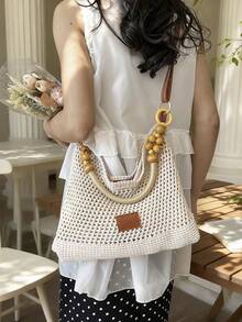 2026新款镂空针织手提包，适合海滩度假，大容量单肩手提包 - 卡其色 - 查看 4