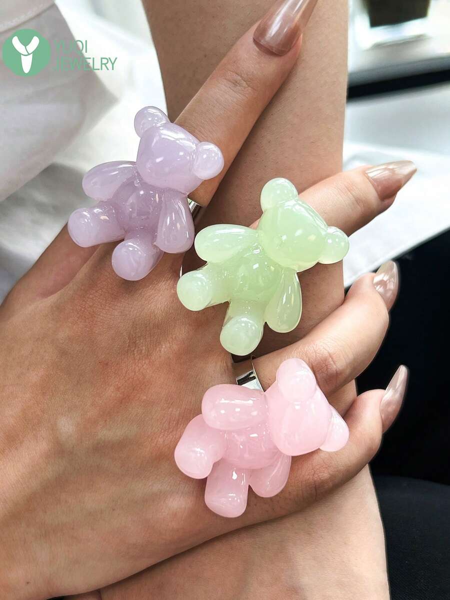 Y2K果冻色心形熊树脂戒指，夸张独特的个性设计戒指，辣妹配饰 - 彩色 - 查看 1