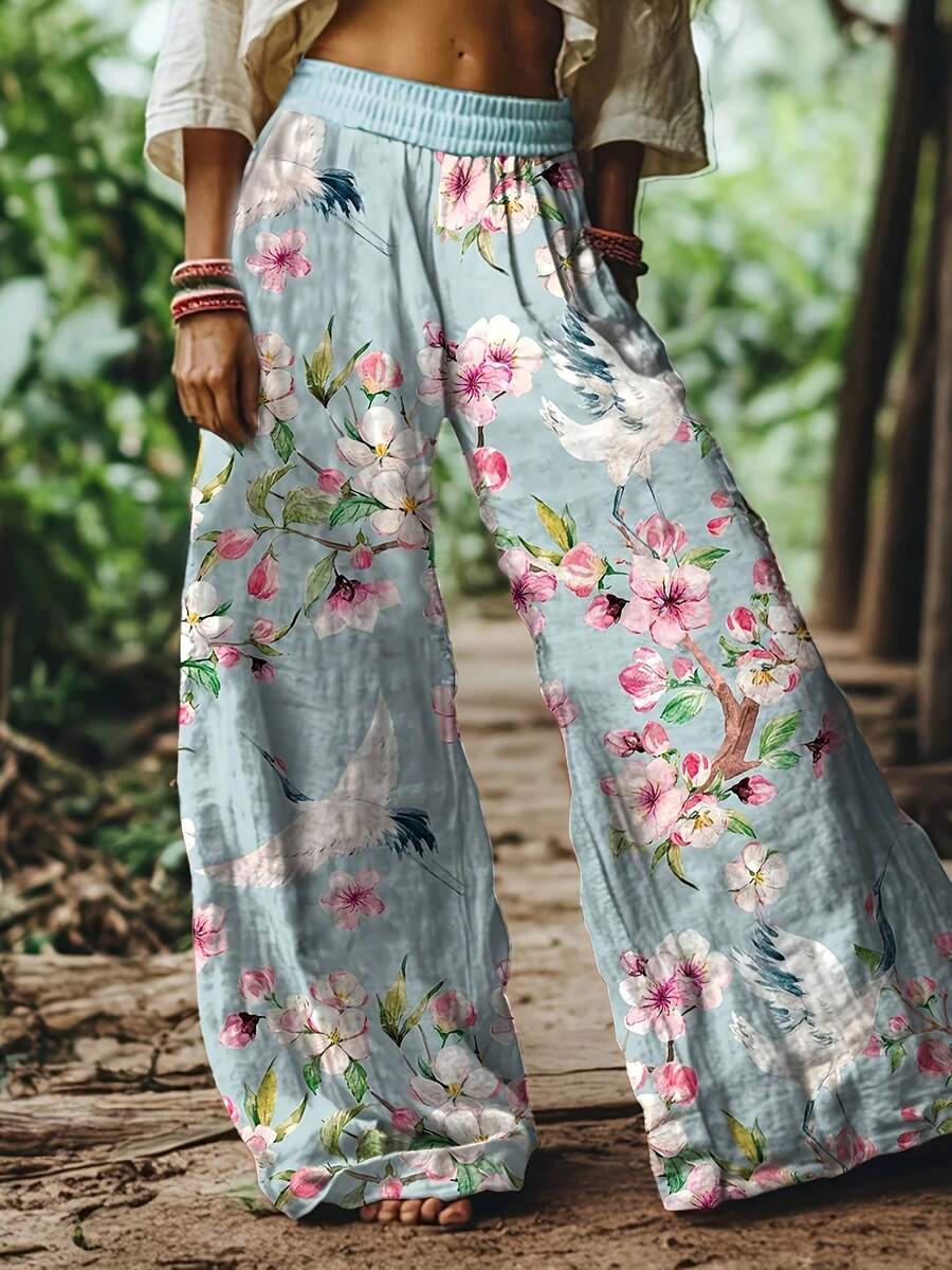 Boho Floral & Crane Print Wide-Leg Pants: High Waist With Elastic Tie Belt For Garden Retreats, Resort Vacations And Relaxed Style For Women. - FSZW32804 - 查看 1