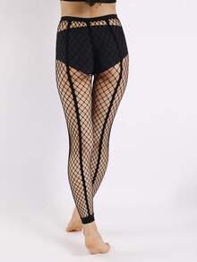 1双女士性感镂空蕾丝连裤袜，黑色镂空渔网袜，夏季短款渔网紧身裤，高腰镂空设计，透气网眼 - 黑色 - 查看 7